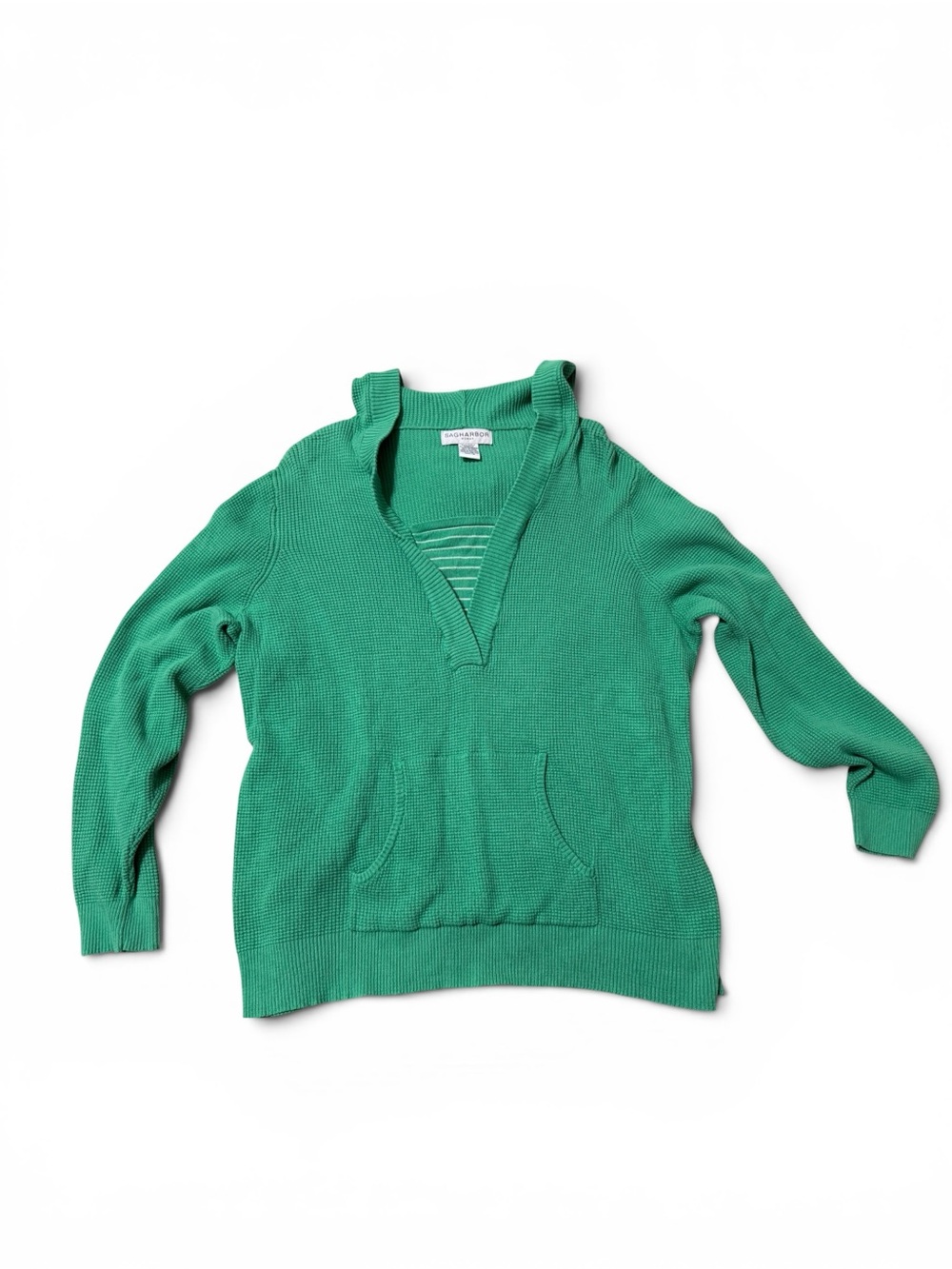 Sag Harbor Women's Bright Green V-Neck Knit Pullover with Front Pocket